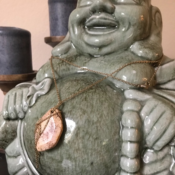 Long Gold Accent Necklace with Beige Stone - Picture 3 of 4